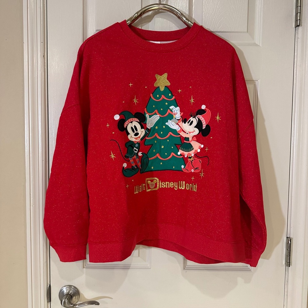 Disney World Red Glitter Christmas Sweatshirt Mickey Minnie Mouse XL NWT